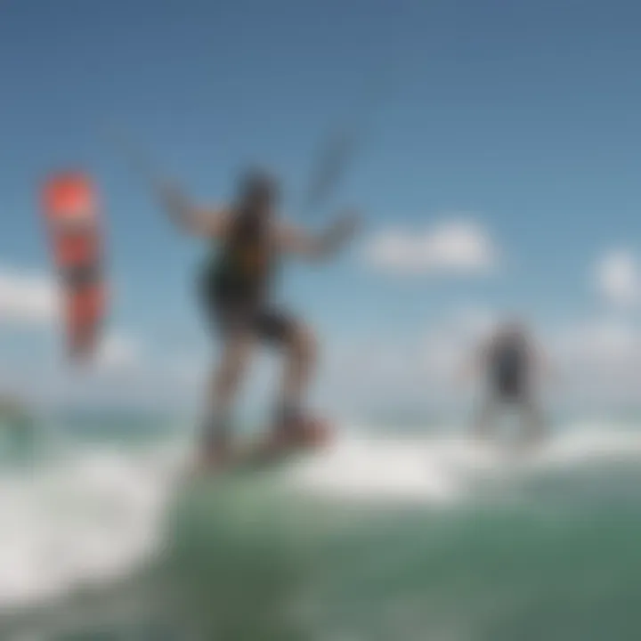 A group of enthusiastic kiteboarders enjoying the waves