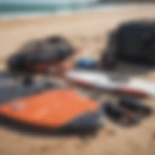 Kiteboarding gear spread out on the beach