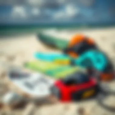 Essential Gear for Kiteboarding Essential kiteboarding gear laid out on the sandy beach