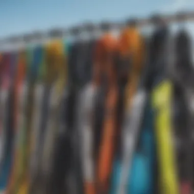 Diverse Selection of Kiteboarding Vests An array of different kiteboarding vests displayed on a rack