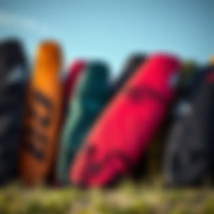 Various types of kitesurf board bags displayed
