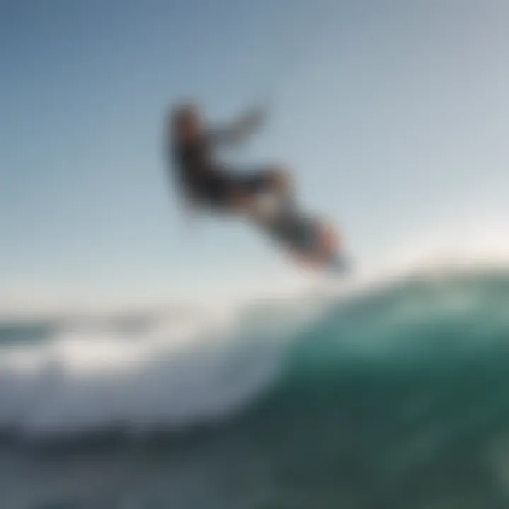 A surfer riding a wave with a kitesurfing board