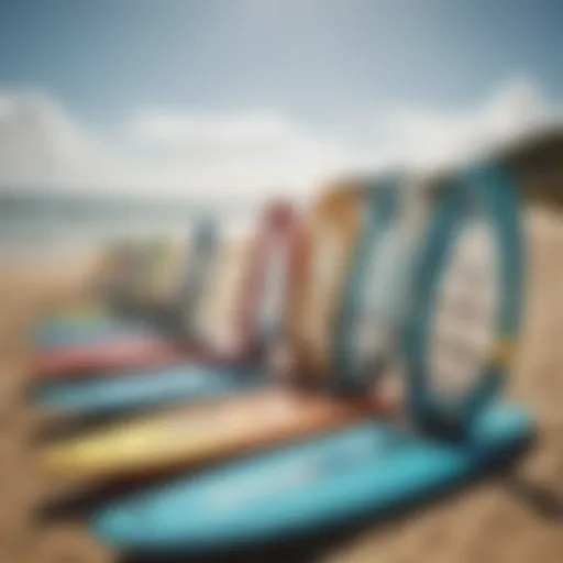 A variety of kitesurfing boards displayed on a beach