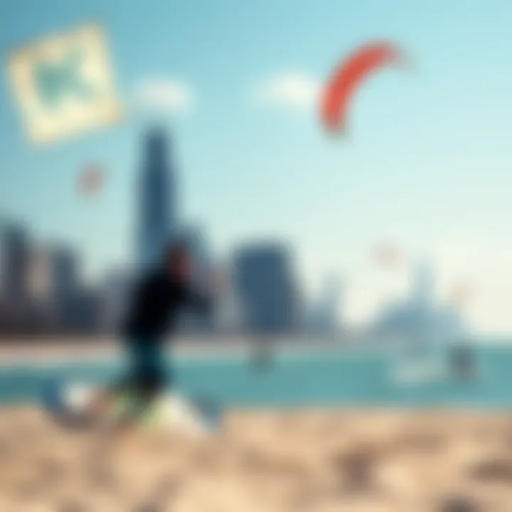 Vibrant Kitesurfing Scene at Chicago Beach A panoramic view of kitesurfing at a popular Chicago beach