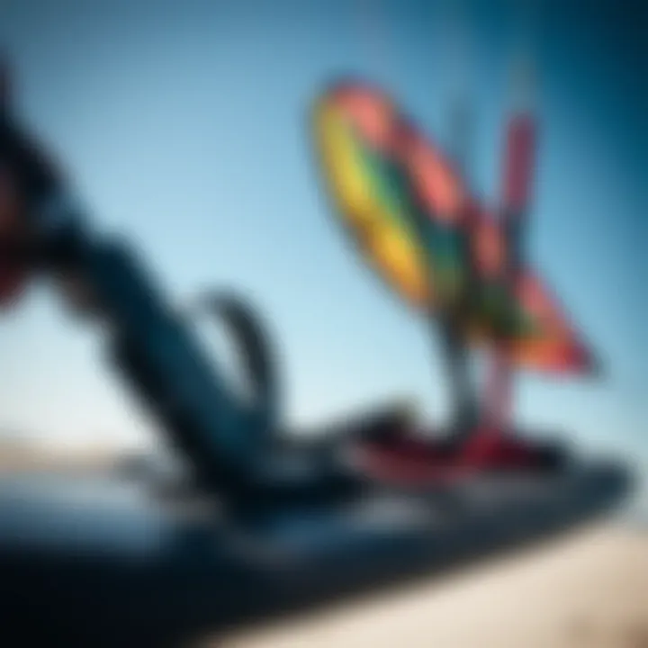Close-up of kitesurfing equipment including a kite and board