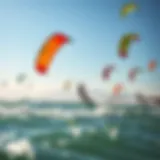 Vibrant Kitesurfing Scene A vibrant kitesurfing scene with colorful kites soaring over the ocean