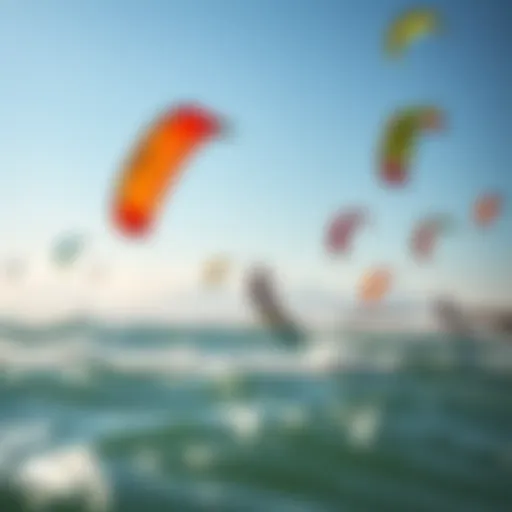 Vibrant Kitesurfing Scene A vibrant kitesurfing scene with colorful kites soaring over the ocean