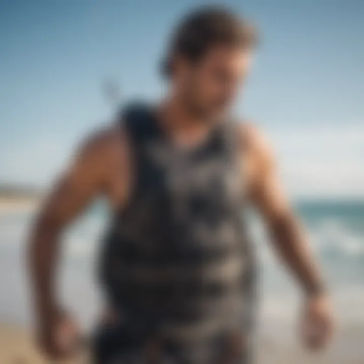 An experienced rider adjusting their kitesurfing harness on the beach before heading out.