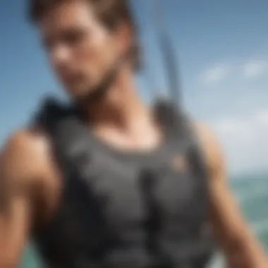 A close-up view of a high-performance kitesurfing harness showcasing its ergonomic design.