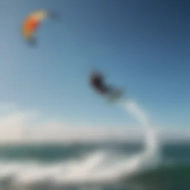 An action shot of kitesurfing with a kite fully inflated using a pump.