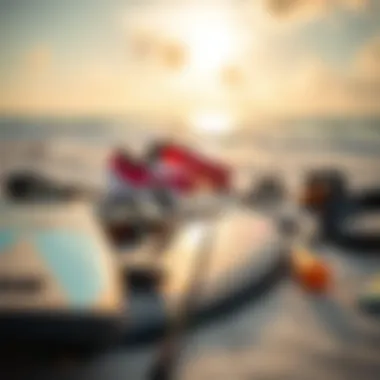 Essential Kitesurfing Gear on the Beach Essential kitesurfing gear laid out on the beach