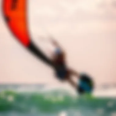 Kitesurfing Technique Demonstration A rider performing a maneuver with a kitesurfing kite on a beach.
