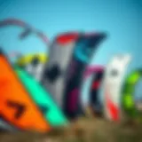 Various types of kitesurfing kites showcasing different designs and colors.