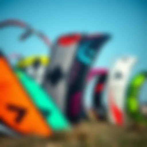 Various types of kitesurfing kites showcasing different designs and colors.