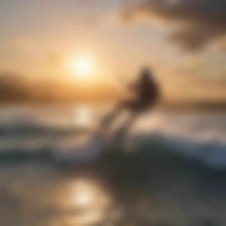 A group of kitesurfers riding the waves during a vibrant sunset