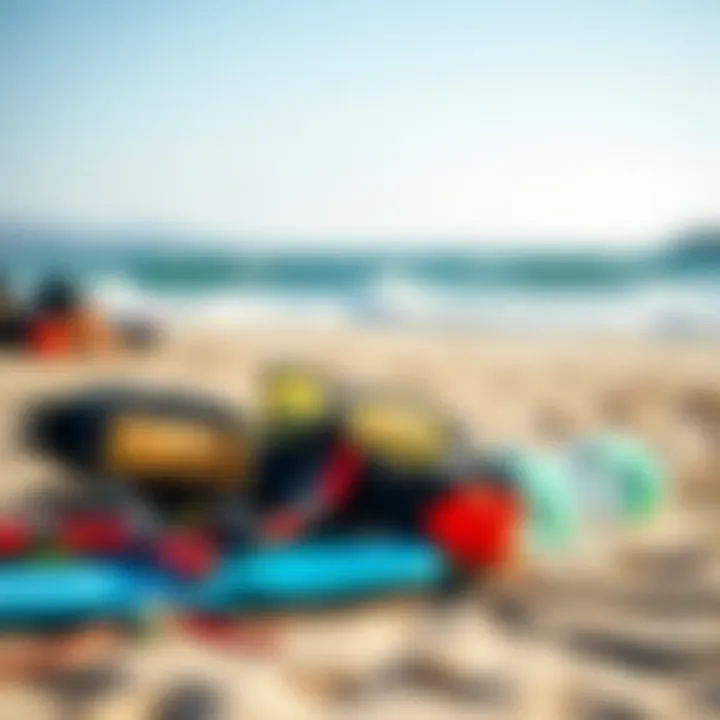 Kitesurfing gear laid out on the beach, ready for adventure