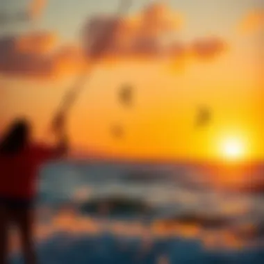 A vibrant sunset view of kitesurfers enjoying the evening winds