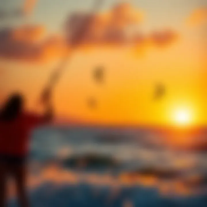 A vibrant sunset view of kitesurfers enjoying the evening winds