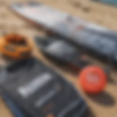 Close-up of essential kitesurfing gear laid out ready for an adventure