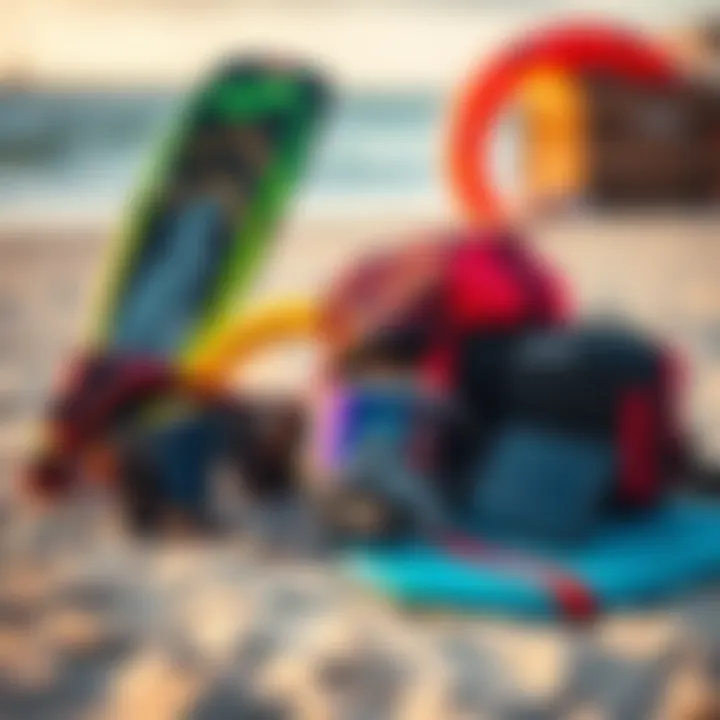 Essential kiteboarding gear displayed on a beach in Los Barriles.