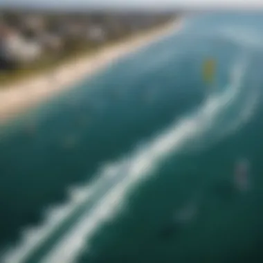 Aerial view of kiteboarders utilizing hydrofoils in a vibrant water setting