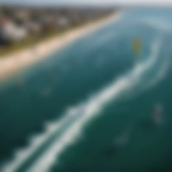 Aerial view of kiteboarders utilizing hydrofoils in a vibrant water setting