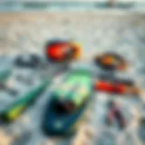 Essential Kite Surfing Equipment Kite surfing gear laid out on the beach