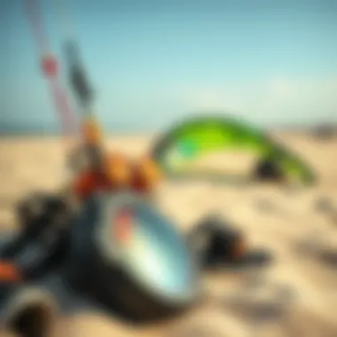 Essential Kiteboarding Gear Close-up of kiteboarding gear displayed on a beach