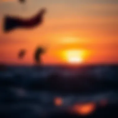 Kiteboarding at Sunset A serene sunset view of a kiteboarding spot