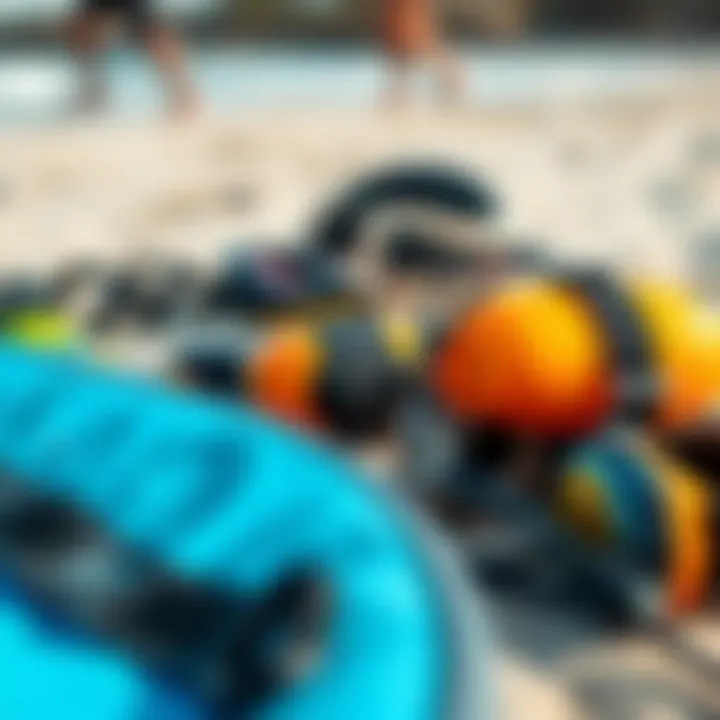 Essential Kitesurfing Gear Close-up of essential kitesurfing gear laid out on the beach