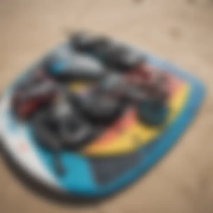 Close-up of kiteboarding gear laid out on the beach