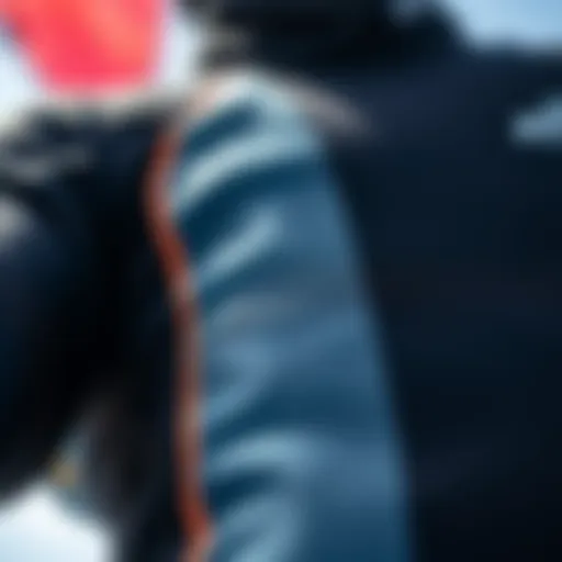 A detailed view of the Mystic drysuit showcasing its unique fabric and stitching
