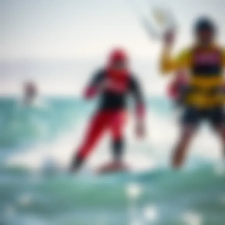 A vibrant scene of kiteboarders in action wearing the Mystic drysuit
