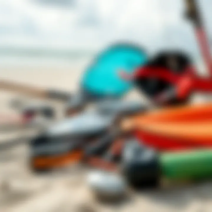 Close-up of specialized kite surfing gear laid out on the beach