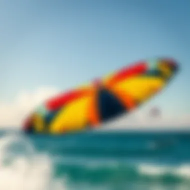 A vibrant kite soaring high above the ocean waves