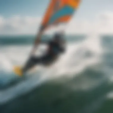 An aerial view showcasing the dynamic interaction of wind and water during a kiteboarding session.