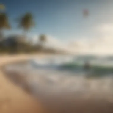 A serene beach scene with kiteboarders in the distance, capturing the essence of community and nature.