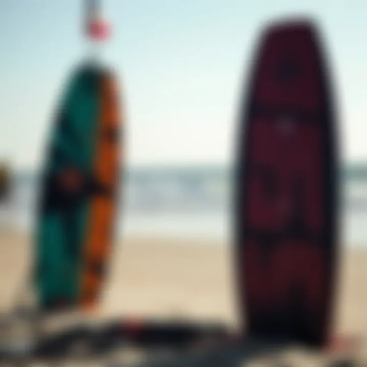 Close-up view of a high-quality kiteboard on the beach