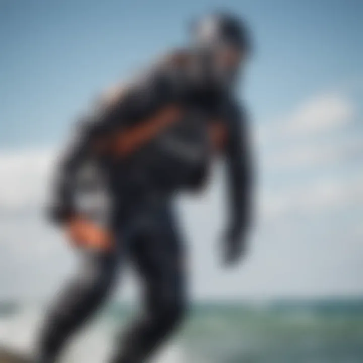 User demonstrating the Ocean Rodeo Soul Drysuit in action during kiteboarding.