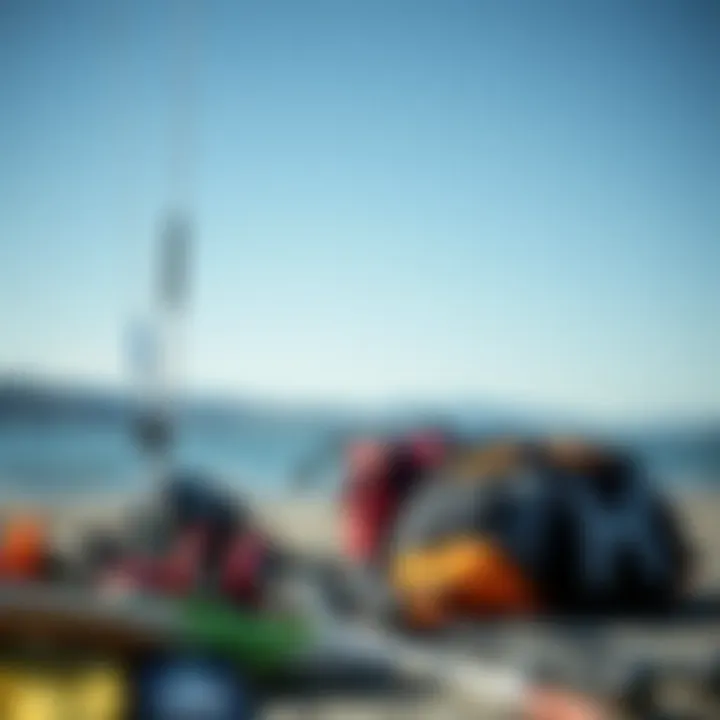 Close-up of kiteboarding gear set up on the beach