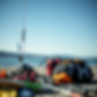 Essential Kiteboarding Equipment on the Shore Close-up of kiteboarding gear set up on the beach