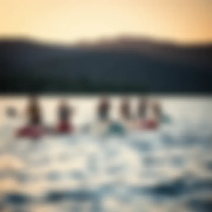 Group of paddle boarders in a serene landscape, promoting community and wellness.