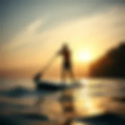 Paddle boarding at sunrise, showcasing tranquility and fitness.
