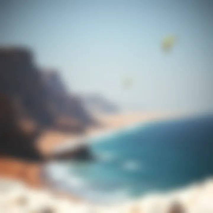 A stunning view of Ras Sudr's coastline with vibrant kiteboarding activity