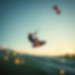 A kiteboarder soaring above the waves with a Red Bull branded kite