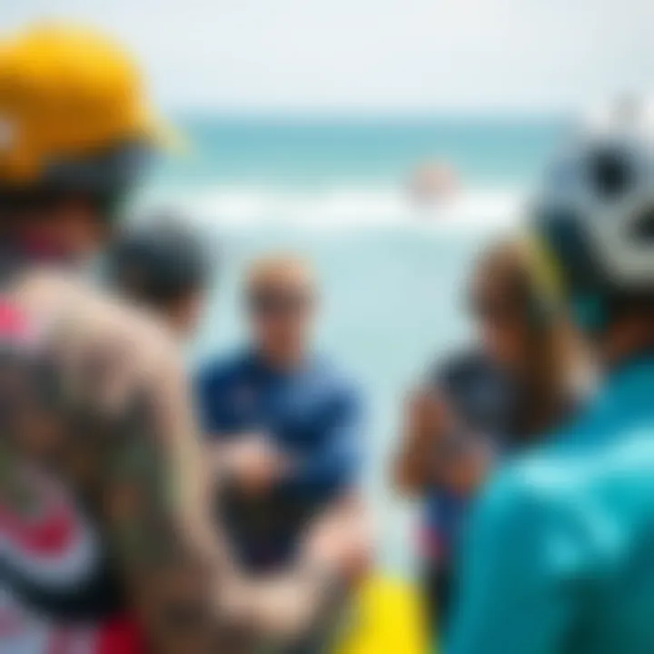 Kiteboarders interacting and sharing tips during a community event