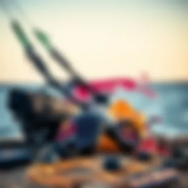 Close-up of kiteboarding gear including the Red Bull wing and safety equipment