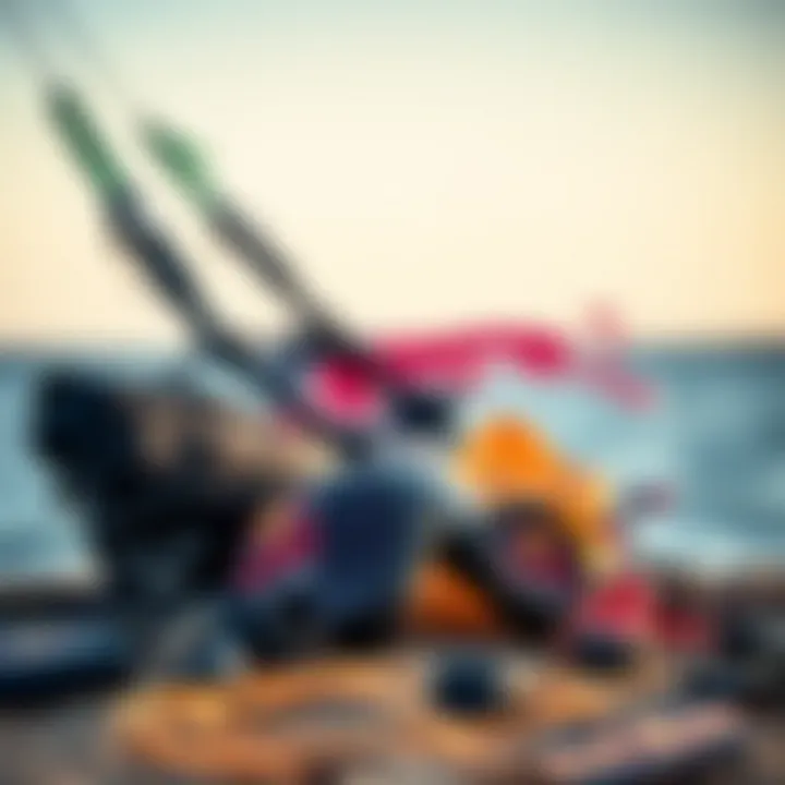 Close-up of kiteboarding gear including the Red Bull wing and safety equipment