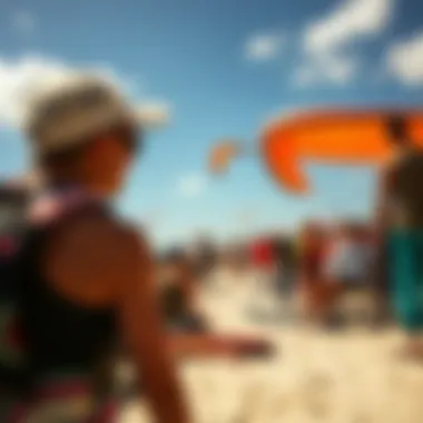 The Kiteboarding Community A panoramic view of a vibrant kiteboarding community engaging in the sport