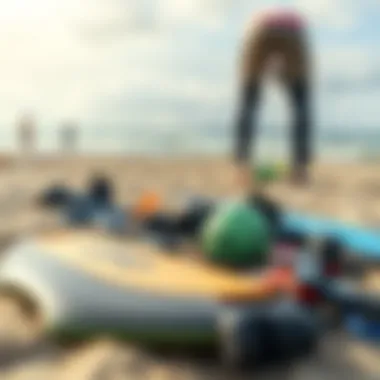 Essential Kiteboarding Gear Kiteboarding equipment laid out on a beach, prepared for an adventurous day